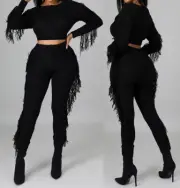 Ladies Long Sleeve Cable Knit Fringe Crop Top Bottoms Two Piece Lounge Suit Set