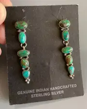 NAVAJO 1 7/8" Sterling Silver Green Turquoise Cluster Drop Pierced Earrings WOW