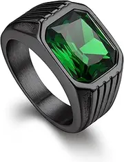 [Bandmax] Gemstone Signet Rings for Men, Stainless Steel Fancy Cut Cubic Zirconia Rings Blue Topaz/Emerald/Black Onyx/Ruby Ring Statement Ring Wedding Ring Size 7-14