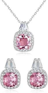 [Gdirection] 925 Sterling Silver CZ Zircon Halo Simulated Morganite Necklace and Earrings for Women, Cubic Zirconia Cushion Cut Nano Pink Gemstone Pendant Stud Costume Jewelry Set with Gift Box, nano