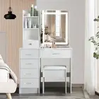 White Dressing Table Makeup Vanity Table Adjustable Mirror Desk Storage Cabinet