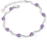 [Generic] Fashion Silver Sterling Cuff Bangle Chain Bracelets,Women 925 Sterling Silver Bracelet with Mosaic Amethyst Bracelet Exquisite Ladies Bracelet Sterling Silver Jewellery Gifts