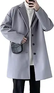 [Gsywaipei] Mens Notched Collar Peacoat Casual Single Breasted Trench Coat Slim Fit Winter Wool Blend Pea Coats, Light Grey, X-Large