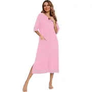 Nevenka Womens Nightgown Zipper Front 3/4 Sleeves Loungewear with Pockets-Pink