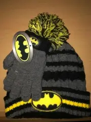 Kids' Gray & Black Stripe Batman Logo Pom-Pom Beanie Hat & Gloves Set