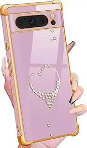 [Petitian] for Pixel 8 Pro Case - Women Girls Bling Glitter Heart Design for Google Pixel 8 Pro Case, Cute Girly Sparkle Gold Plating 8 Pro Phone Cases Cover Funda Purple