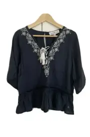 New Abercrombie & Fitch Navy White Embroidered Peplum Tassel Peasant Top M