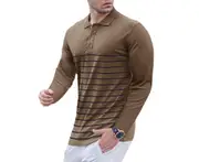 Men's Long Sleeve Polo Shirts Stripe V-neck Undershirts Classic Baselayer Henley Shirts for Men -Khaki