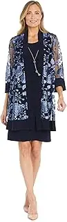 [R&M Richards] 2PC Floral Threadwork Duster Jacket Dress W/Tank Dress & Detachable Necklace, Navy/Periwinkle, 24 Plus