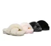 EVERAU® UGG Women Crossover Fluffy Slides Leanna - Black / AU Ladies 5 / AU Men 3 / EU 36
