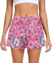 [FRODOTGV] Glowing Pink Phlox Flowers Women's Athletic Shorts Loose & Comfy Exercise Shorts for Running Yoga Sports Beach S