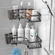Jsasezr Corner Shower Caddy,Rustproof Adhesive Shower Corner Organizer Shelves,No Drilling Stainless Steel Bathroom Shower Storage Rack with Hooks,Shower Shampoo Holder (Black, 2 Pack)