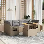 Garden Sofa Set, Beige Poly Rattan Table, Patio, Wicker, Chair, Outdoor Furniture, 7 Piece Sets - for Balcony, Porch & Garden Conversation - Clearance