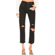 Free People Bren Boyfriend Distressed Black Wash High Rise Button Fly Jeans Sz 2