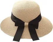 [FEOYA] Women Sun Beach Straw Hats Wide Brim Foldable Girls Summer Cap with Big Bowknot