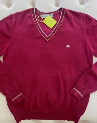 New ETRO Milano Pullover Lana Wool Knit Logo V neck Maroon Red Sweater Size L