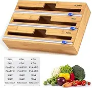 3 in 1 Wrap Dispenser with Cutter, Plastic Wrap, Aluminum Foil and Wax Paper Dispenser for Kitchen Drawer, Bamboo Roll Organizer Holder, Compatible with 12" Roll 2.2" Tall