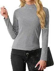 [PrinStory] Women's Turtle Neck Sweatshirts Elegant Jumpers Long Sleeve Tops For Women Business Casual Pullover Tops For Ladies, Black White Stripe, S