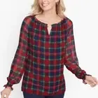TALBOTS NWT Red/Multi Plaid Long Sleeve Popover Top M