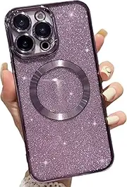 ELEPIK for iPhone 13 Pro Case with Camera Protector, [Full Camera Cover Protection] [Compatible with MagSafe] [Glitter Bling Plating] Clear Magnetic Slim Phone Case 6.1 inch, Purple.