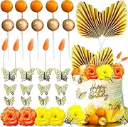 JeVenis Orange Cake Decoration Sunflower Cake Topper Butterfly Palm Leaves Orange Balls Cake Decoration for Wedding Bridal Shower Birthday