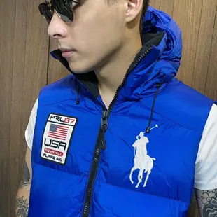 美國百分百【Ralph Lauren】背心 RL 無袖外套 Polo 大馬 羽絨 連帽 保暖上衣 寶藍 S號 H404