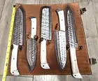 5pc Custom Damascus Kitchen Knife Set w/ Scalloped Full Tang Blades Great Gift!!