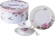 Coffee Tea Cup and Saucer 19cm Dessert Plate Set 3 Shabby Chic Vintage Porcelain Bird Butterfly Floral Gift Box (Cream/Beige)