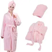 Women Microfiber Coral Fleece Full- Length Bathrobe with Hair Towel Wrap, Sof...