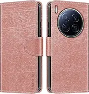 Striped PU Leather Wallet Phone Case Compatible with Tecno Camon 40 Premier 5G CM8, Slim Magnetic Flip Cover with Card Slots and Stand Function (Rose Gold)