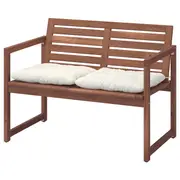 NÄMMARÖ bench with backrest and cushions, light brown stained/Kuddarna beige