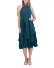 Eliza J Halter Pleated Ruffle Trim Dress