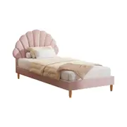 Oikiture Bed Frame Single Size Scallop-Shape Bedhead Pink Velvet