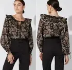 Cleobella Top Womens Black Floral Blouse Metallic Boho Peasant Tassel Organic
