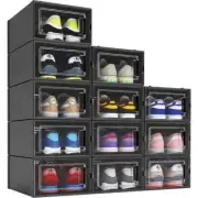 12 Pack Shoe Organizer Boxes, Black Plastic Stackable Shoe Storage Bins For