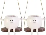 2PCS Small Hanging Planter for Indoor Outdoor Plants,Smily Face Planters Pot,Glossy Swing Smiley Face Planter Pot Head, Cute Hanging Flower for String of Pearls Plant Live,Unique Resin Succulent Pot
