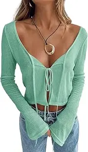 [Tankaneo] Women's Tie Front Crop Tops Bell Sleeve Scoop Neck Long Sleeve Blouses Crochet Sheer Knit Shrug Shirts