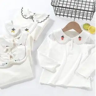【免運】巴拉巴拉女童純棉內搭衣白色刺繡翻領襯衫寶寶兒童長袖內搭T恤洋
