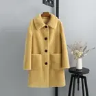Womens Single Breasted Real Lamb Fur 100% Wool Shearling Mid Long Coat Overcoat