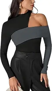 [DSAoTeng] Women Asymmetrical Cutout One Shoulder Long Sleeve Contrast Top—Casual Trendy Off The Shoulder Unique Design Shirt for Fall Winter Going Out