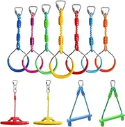 Rainbow Craft Ninja Warrior Obstacle Course Accessories for Kids Outdoor Play - 7pc Rings, 2pc Swing Trapeze Wheels & 2pc Monkey Bars - Without Slackline