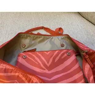 二手 正品 COACH 亮橘色斑馬紋 採用Coach 專利尼龍布面 防水防濕 旅行袋 手提包 媽媽包 子母收納包 購物包
