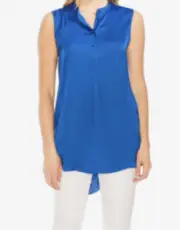 Vince Camuto Womens Small Sleeveless Henley Rumple Tunic Top High Low Blue NEW