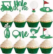24PCS Golf Cupcake Toppers Golf Cake Decorations Glitter Hole In One Birthday Decorations for Golf Theme Baby Shower Kids 1st Birthday Party