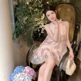 韓版氣質性感A字洋裝女裝緊身收腰碎花網紗圓領抽繩無袖雪紡洋裝