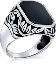 [Bling Jewelry] Personalize Retro Vintage Style Elegant Leaf Vine Accent Black Onyx Gemstone Octagon Rectangle Signet Ring Western Jewelry For Men Heavy Oxidized .925 Sterling Silver Handmade In Turkey