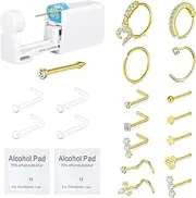 [QWALIT] Gold Nose Piercing Kit with Disposable Gun and Rings