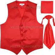 New Men's Tuxedo Vest Horizontal Stripes Ascot Cravat Hankie set prom party Red