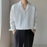 Long-Sleeve Camp Collar Plain Shirt C42 - White - XL