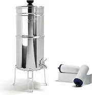 [ProOne] Traveler+ Polished Stainless Countertop Gravity Water Filter System w/ 2 7-inch Filter & Wire Stand - Remove Fluoride Lead Chlorine Microplastics…